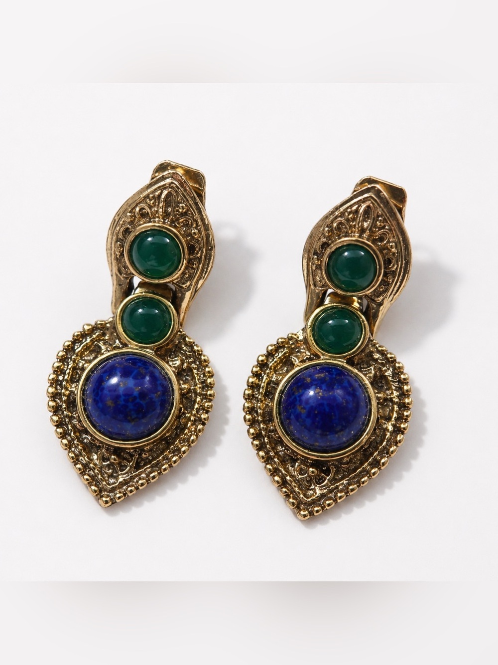 Vintage craft signed earrings blue green stone evil eye blue stone